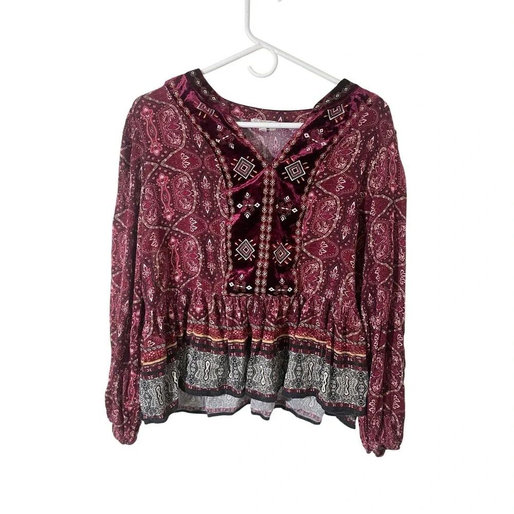 Vintage Embroidered Velvet Inlay Boho Whimsigoth Peasant Top Medium - Picture 1 of 7